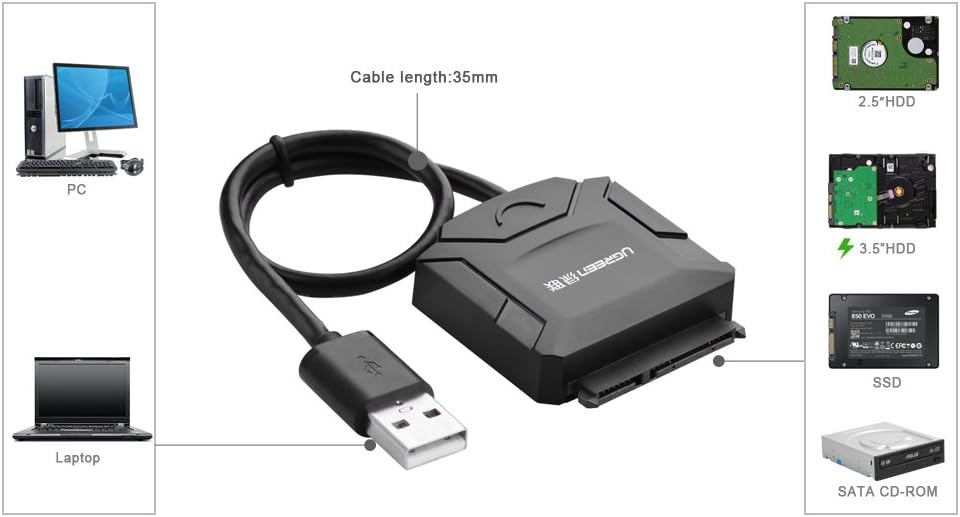 UGREEN USB 2.0 to SATA Adapter Hard Drive Converter Cable for 2.5" 3.5" SATA HDD SSD with 12V 2A Power Adapter
