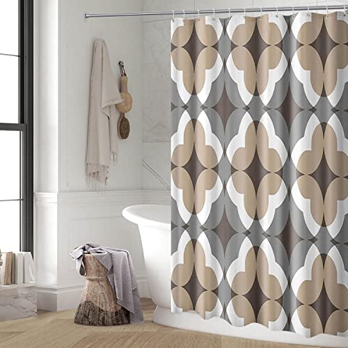 Brown Fabric Shower Curtains For Bathroom, Rustic Decorative Shower Curtain, Abstract Tan Grey White Beige Geometric Pattern Bath Curtains For Bathroom, Brown Design Bathroom Decor Set With Hooks #TOP6