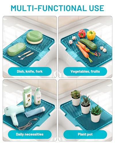 Dish Drying Mat Kitchen Counter - Silicone Dish Drying Pad with Built-in Drain for Sink, Refrigerator and Drawer Liner, Easy Clean, Non-Slip, Heat Resistant, 14.8\" x 10.7\"