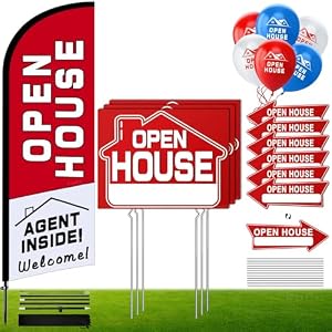 Open House Signs Kit (45 Pcs), 1 Pack Open House Flag, 9 Pack Open House Signs for Real Estate, Double Sided Directional Arrows Sign with Stakes and 24 Balloons for Real Estate Agents Supplies