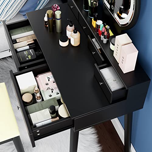 Hifit Vanity Desk With Lighted Mirror And Soft Cushioned Stool, Vanity Set With 6 Drawers, Makeup Vanity Desk With Touch Screen Dimming Mirror With 3 Color Lighting, Black And Beige #TOP3