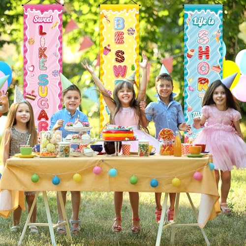 Image of Chiisong 3 Pcs Candyland Party Decorations Sweet Candy Banners Donut Lollipop Porch Sign Candy Land Hanging Flags Photo Props Backdrop Supplies for Outdoor Door Wall Yard Birthday Baby Shower