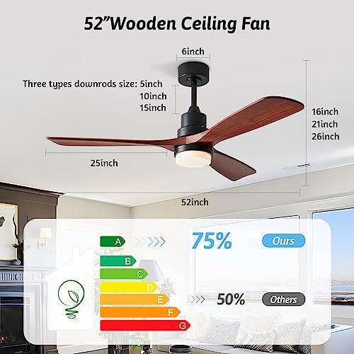 Werbuy 52" Ceiling Fan With Lights, Remote & Wall Control, Wood Ceiling Fan With Quiet Reversible Dc Motor/Sleep Timer/6 Speeds, For Outdoor Indoor Bedroom Patios Farmhouse Living Room #TOP3