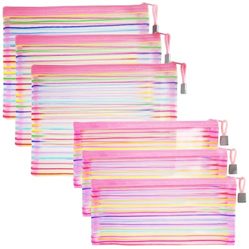 Image of Mesh Bags with Zipper (6 Pack), Nylon Makeup Bag Cosmetic Pouches Travel Organizer Case for Purse Diaper Bag Home Organizing Striped Multi Size Pink