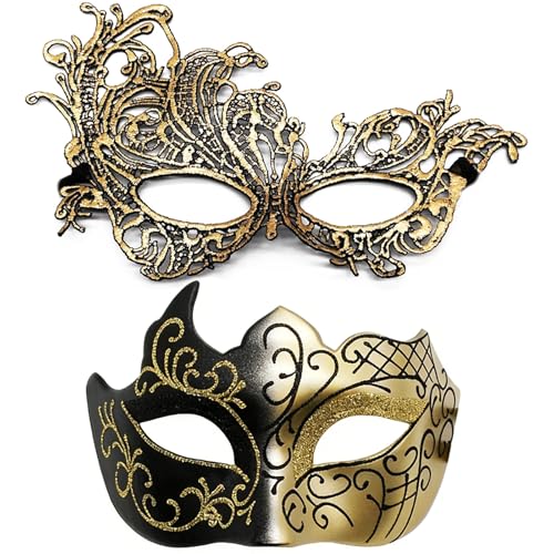 hommova 2 PCS Masquerade Masks for Couple Women Men Half Face Lace Masquerade Ball Masks for Parties and Bars Halloween Venetian Carnival Party