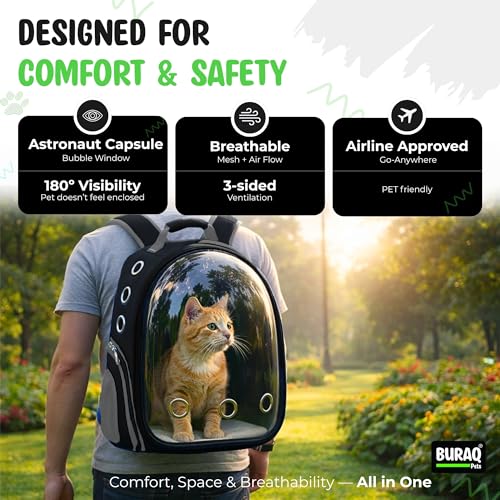 Image of Buraq Astronaut Pro Pet Carrier Backpack (41L x 32W x 26H cm) - Transparent Bubble Capsule Design, Airline-Approved, Breathable & Ventilated Travel Bag for Cats