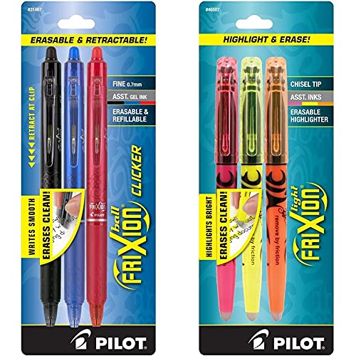 Pilot Frixion Clicker Erasable Gel Pen, Assorted Ink, 3 per Pack (31467), Black/Blue/Red & FriXion Light Erasable Highlighters, Chisel Tip, Assorted Color Inks, 3-Pack (46507)