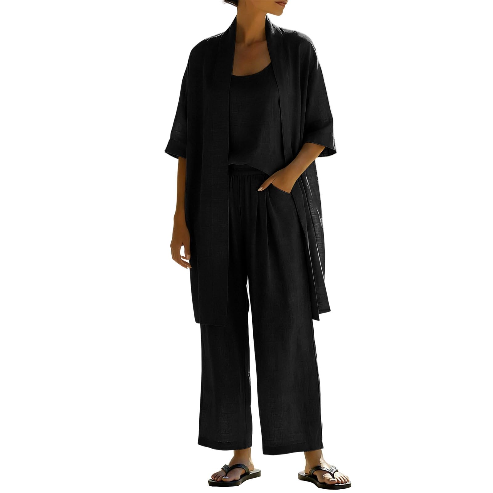 Ensemble 3 Pièces En Lin Pour Femme,Cardigan Ouverte Et Débardeur Et Pantalon Large,Tenue Décontractée Confortable Et Respirante Casual Outfits Set Grande Taille Jogging Ensemble De Plage