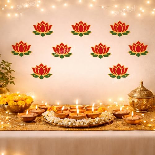 Image of Divyakosh Red Lotus Wall Stickers for Wall Decor (12 Pieces, 3x3.5 Inch) | Temple Decor, Puja Backdrop Decoration, Mandap| Peel & Stick Lotus Stickers for Home & Festive