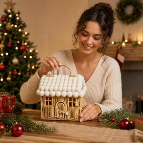 Winter Cottage Shaped Christams Decorative Basket W/Fluffy Balls Roof - image 6