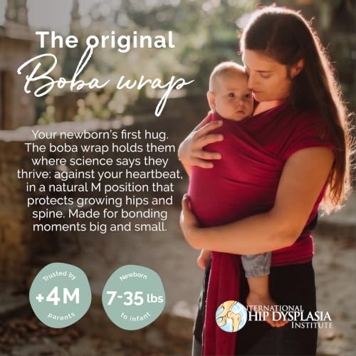 Image of Boba Baby Wrap Carrier - Stretch Cotton Newborn Sling, Sangria | Breathable hands-free babywearing carrier wrap; ergonomic, secure hold for newborn to toddler 7-35 lbs.