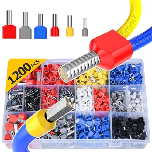 Image of Serplex 1200pcs Wire Ferrules Terminals Kit with 900 Single Terminal Connectors (up to 16mm) & 300 Double Wire Terminals, Dual Barrel Ferrules Connectors Insulated Ferrule Crimp Pins for AWG 22-5