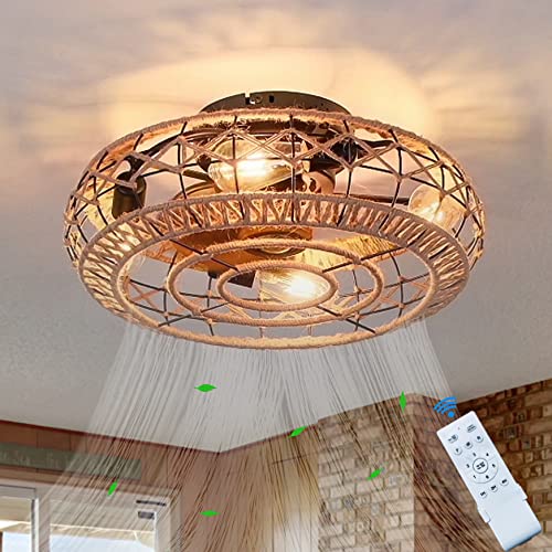 Kuwork Woven Flush Mount Caged Ceiling Fans with Lights Remote Control, 20" Hemp Rope Rattan Enclosed Ceiling Fan with Light 6 Speed Reversible, Rustic Boho Style Low Profile Ceiling Fan Light - Image 8