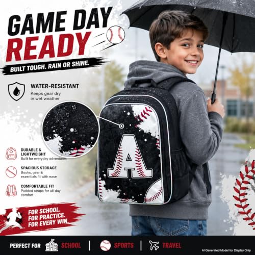 Image of gxtvo 3PCS Boys Baseball Backpack, 17 inch Kids Letter Bookbag with Lunch Box, Water Resistant Middle Elementary School Bag - Baseball A
