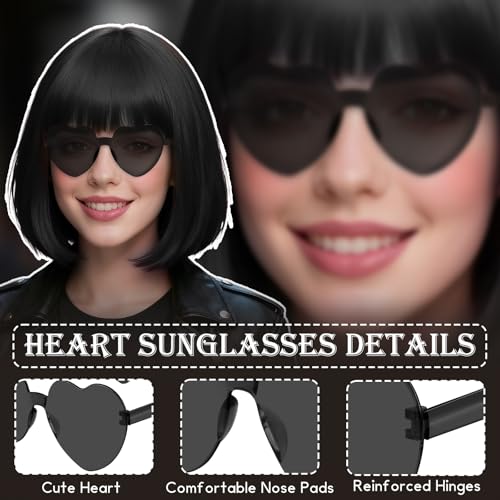 Image of PLULON Black Short Bob Wig with Bangs for Women, Colorful Neon Short Bob Synthetic Hair Wigs with Hair Cap Heart Sunglasses for Adults Men Daily Bachelorette Halloween Costume Party Supplies