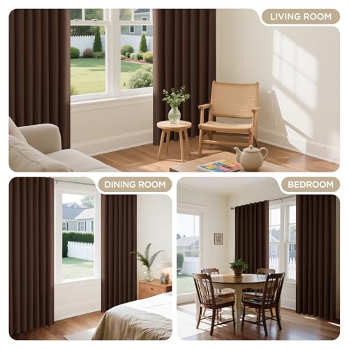 Image of Joydeco Loops, Concealed Curtains, Set of 2, H 175 x W 140 cm, Brown Blackout Opaque Short Polyester Curtain Rod Pocket Curtains Bedroom Living Room Curtains