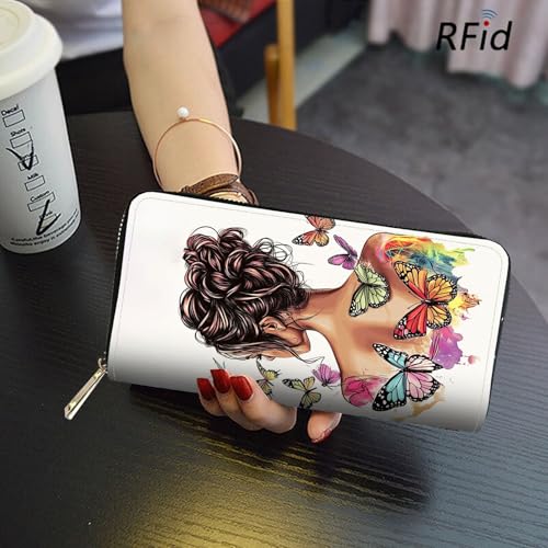 Image of RFID Blocking Leather Wallet for Women - Large Capacity Zip Around Clutch with 8 Card Slots,28 Cash Pockets & Coin Zipper,Butterfly Girl Watercolor Art
