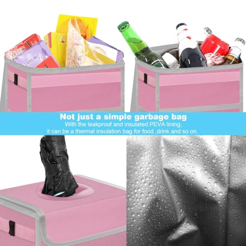 Image of Femuar Leak Proof Car Trash Can with Lid, Collapsible Hanging Waterproof Car Trash Bag with Mesh Pocket for SUV Front Seat Headrest, Large /Light Pink