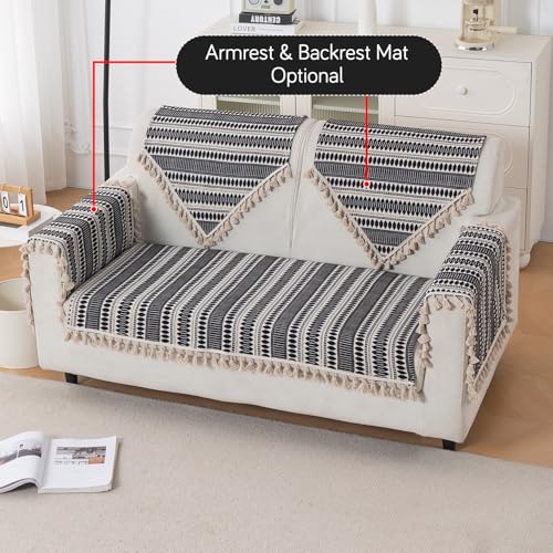 Image of HOKIPO 'Artisan Boho Series' Sofa Cover Mat with Tassel for 2 Seater Sofa | 450 GSM Thick Cotton Acrylic Jacquard Fabric, Charcoal Black (IN-902-A3*S)