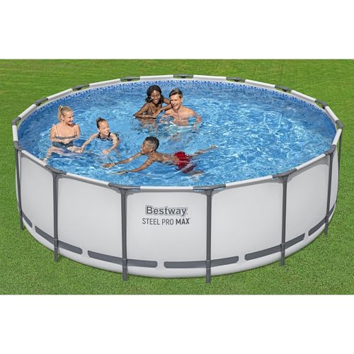 Bestway Steel Pro MAX 15 Foot by 48 Inches Round Above Ground Family Swimming Pool Set Outdoor Steel Frame with Filter, Pump, Ladder, and Cover, Gray