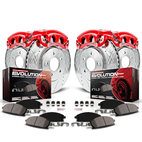 Image of PowerStop Front and Rear Brake Kit for INFINITI QX56 2008-10 |Nissan Armada 2007-11 |TITAN 2008-10 - Carbon-Fiber Ceramic Brake Pads + Drilled & Slotted Rotors + Red Powder Coated Calipers, KC2805