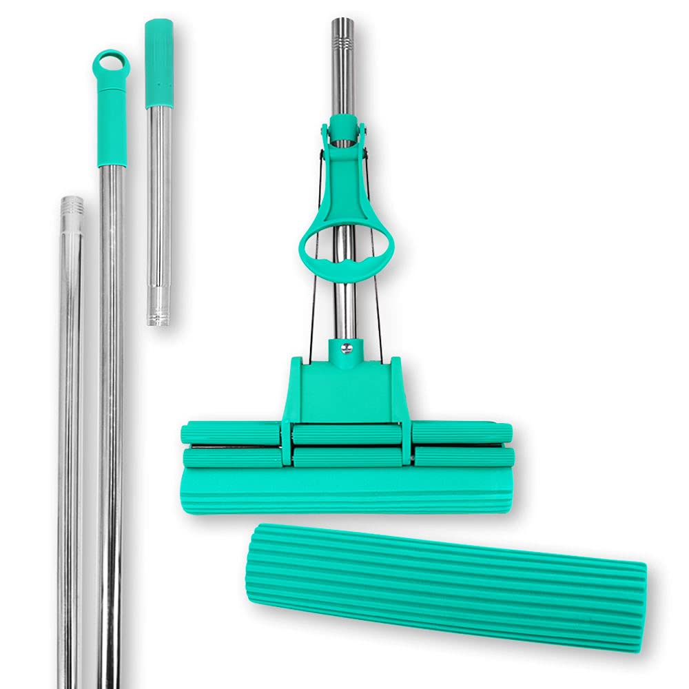 ABACUS® Wischmop Set, Wischmopp extrem saugstark + Ersatzschwamm + Verlängerungsstiel, Bodenwischer, Wischer, Mop, Mopp, Bodenreiniger, Bodenmop, Doppelwringer – Green Mop® Set 30 cm (7808.1)