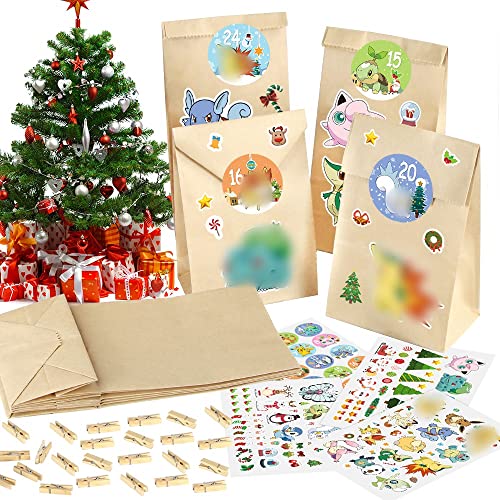 Calendario de Adviento para Rellenar, Niños Bolsas Regalo Navidad, 25 Bolsas de Papel Navideñas con Pegatinas Digitales, DIY Calendario de Adviento Navidad, Bolsas para Chuches Niños Cover
