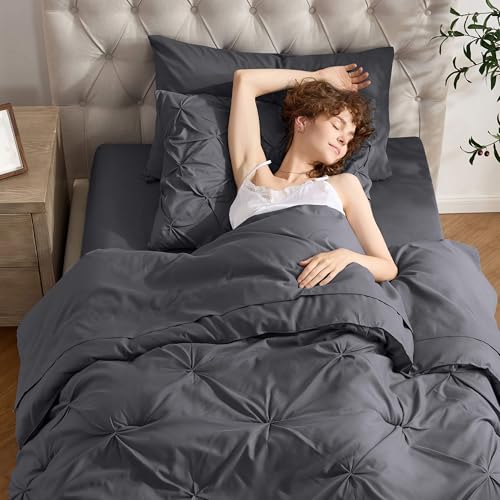 Nestl Twin XL Comforter Set 5 Piece - Pintuck Twin XL Bedding Set Dark Grey, College Dorm Room Essentials Bed in a Bag, Twin XL Comforter Set for College Girls & Boys with Sheets, Pillowcase and Sham by Nestl - Used condition - Image 8