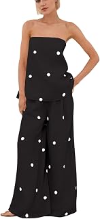 calbatic Women Polka Dot 2 Piece Outfits Spot Strapless Tube Top High Waist Wide Leg Pants Casual Lounge Set