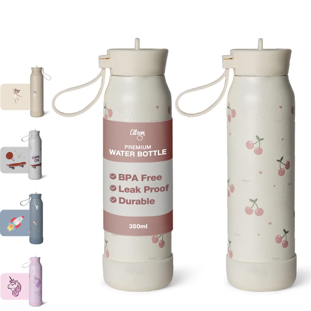 Stainless Steel 350ml School Water Bottle loved by kids, Cherry Print, Sturdy & Seamless, A Favorite for School Day Trips & Adventures