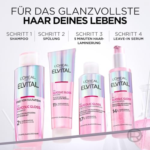 L'Oréal Paris Elvital Glycolic Gloss Spülung für glanzloses und stumpfes Haar, Haarpflege für gesunde Haare und ultimativen Glanz, Regeneration der Haarversieglung, Conditioner mit Glykolsäure, 150ml