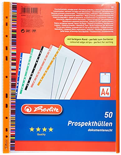 Herlitz 10914414 - Paquete de 50 portafolios de plástico A4, multicolor Cover