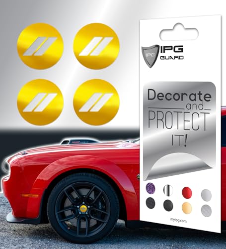 Image of IPG Compatible with Dodge Charger, Challenger, Durango (2017-2023) Wheel Center Cap Overlay Decal Sticker Wrap Kit - Hash Rhombus Design - Personalize Your Vehicle (Outer Logo, Shiny Yellow)