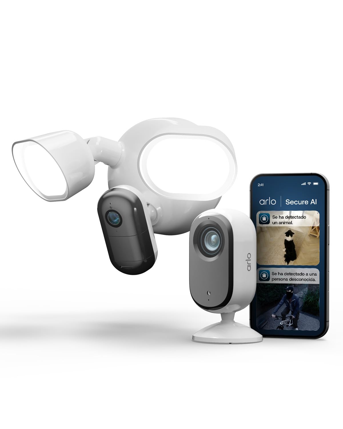 Arlo Floodlight 2K & Essential 3 Indoor 2K, Gran Angular de 160°, Resistente a la Intemperie, visión Nocturna en Color, Sirena de Alarma, hasta 2000 lúmenes, Prueba Gratuita de Arlo Secure