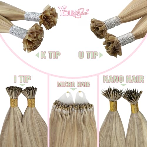Image of YoungSee K Tip Hair Extensions Human Hair Blonde Highlight Ktip Human Hair Extensions Golden Blonde Highlight 14inch 50s /50g