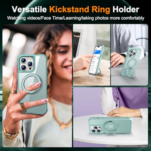 Image of Compatible with iPhone 15 Pro Case with Stand 6.1 inch,Green | Matte Translucent Phone Case for iPhone 15 Pro,360 Magnetic Ring Stand,Compatible Mag-Safe,Military Grade Protection