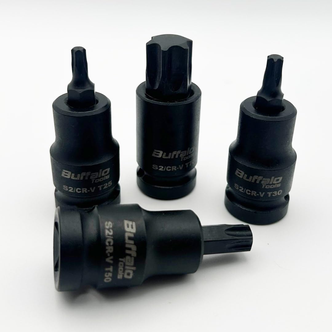 Buffalo Tools Juego de 10 llaves de vaso Torx Star de 1/2 pulgada T20-T70, acero al vanadio duradero, acabado resistente a la corrosión, juego de herramientas con bandeja de almacenamiento TRX-Star
