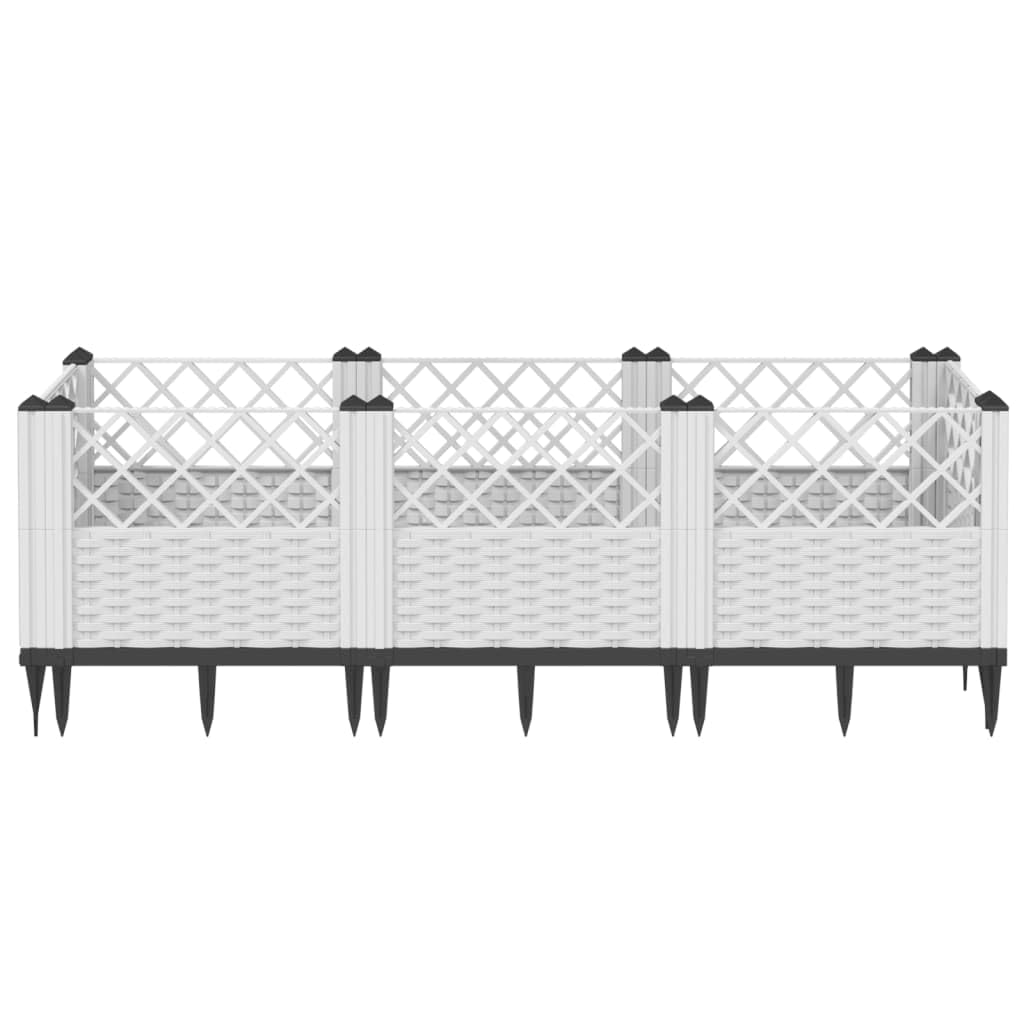 Jardinera con estacas, color blanco, 123,5 x 43,5 x 43,5 cm, bancal modular en aspecto de ratán, de plástico resistente, para jardín, terraza y balcón, 8 elementos