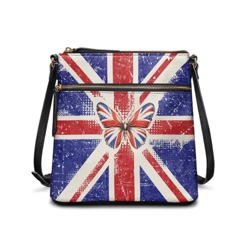 COEQINE Butterfly Large Leather Tote Bag for Women Work Crossbody Bags Union Jack Font Zip Bucket Bag Purses