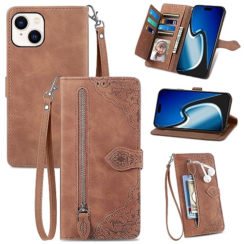 JayModCase Funda para iPhone 15, Tipo Cartera Cuero Flip Carcasa Protectora, con Ranuras para Tarjetas Cierre magnético función Atril Estuche para iPhone 15   Marrón