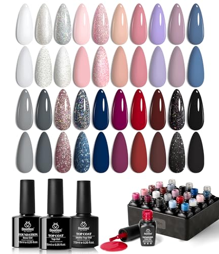 Beetles 20 Pcs Gel Nail Polish Kit, Modern Muse Collection Nude Gray Pink Blue Glitter Gel Polish with Glossy & Matte Top Gel Base Coat Soak off LED Gel