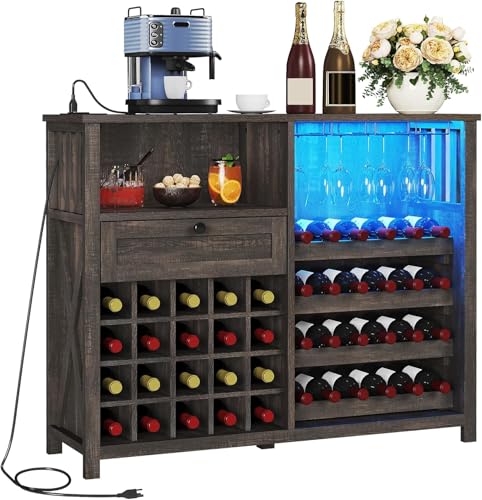 DWVO 47" Wine Bar Cabinet with LED Lights and Power Outlets, Modern Liquor Cabinet with Storage and Drawer, Bar Table with Wine Rack for Kitchen Dining Living Room, Rustic Oak