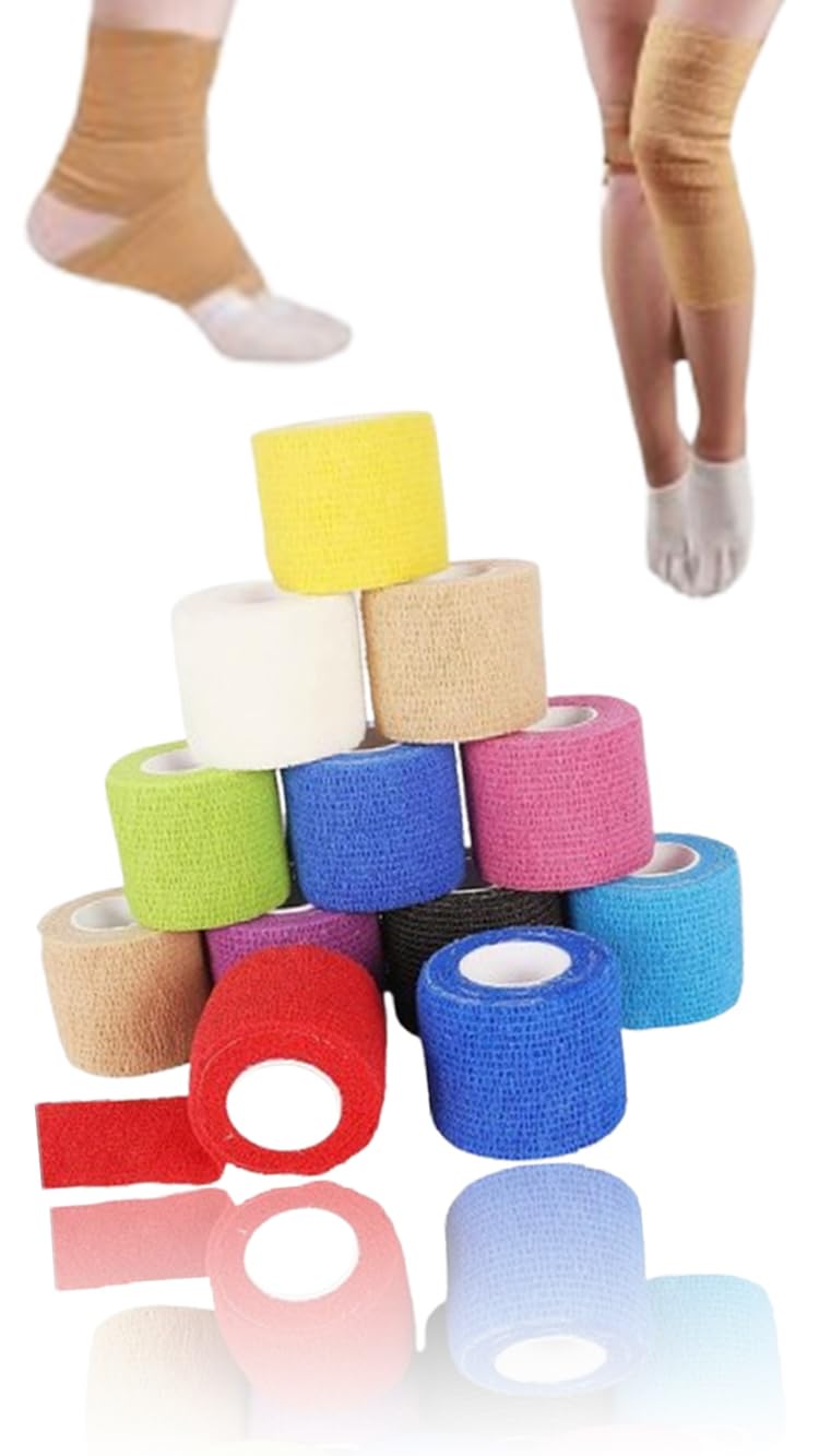 Sweet seven 12 Rolls Cohesive Bandages, Self-Adherent Non-Woven Bandage Wrap Pet Vet Bandage Elastic Sports Bandages Water Repellent Breathable for Wrist Ankle Strains Sprains Swelling (10 Colour)