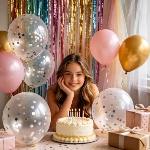 Image of 100pcs Silver Confetti Balloons 12 inch | Clear Latex balloon with Silver Confetti for Balloon Garland Arch Graduation Birthday New Years Party Decorations