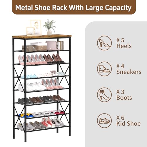Image of 8 Tiers Tall Shoe Rack Organizer, Large Capacity Shoe Rack Holds 32 Pairs of Shoes, Durable and Stable, Adjustable Metal Shelf Stackable Shoe Shelf for Entryway, Hallway, Living Room, Closet