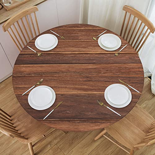 FATTTYCY Round Table Cloth Dark Wood Grain Tablecloth Elastic Edge Fitted Table Cover Fits Tables Up to 45