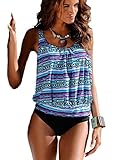 Mumentfienlis Womens Padded Two Piece Pattern Printed Tankini Swimsuit Bathing Suit Size XXL Blue