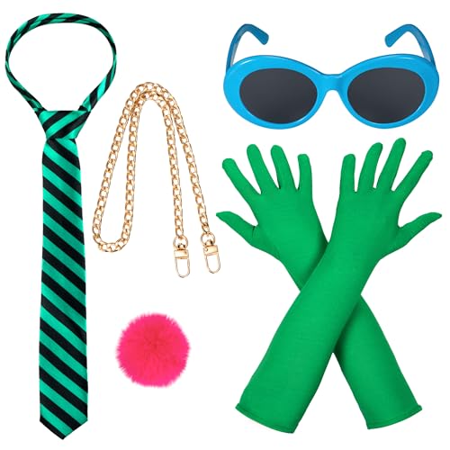 EQVYG 5 Pack Halloween Costume Accessories Adult Stripe Tie Sunglasses Green Gloves Pom Pom Brooch Chain Women Cosplay Party Set for onceler