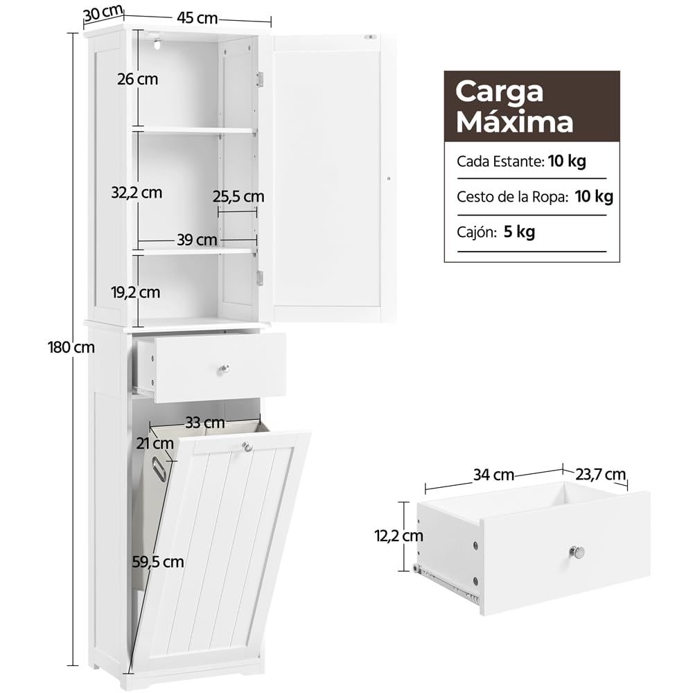 Yaheetech Armario de de Baño Alto Mueble Auxiliar de Baño 45x30x180 cm Armario Estrecho con 1 Armario Cerrado de 3 Estantes Ajustables 1 Cajón y 1 Cesta de Lavandería Blanco