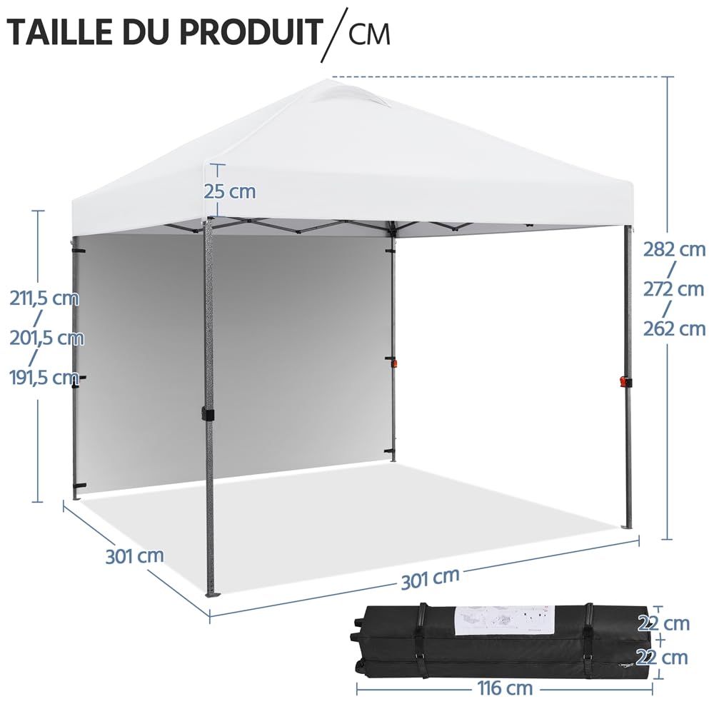 Yaheetech Tonnelle de Jardin avec Paroi Latérale 3 x 3 m Tonnelle Pliante, Tente Imperméable avec Sac de Transport Sac de Sable Cordes et Piquets pour Mariage Camping Jardin Fêtes Foire Blanc